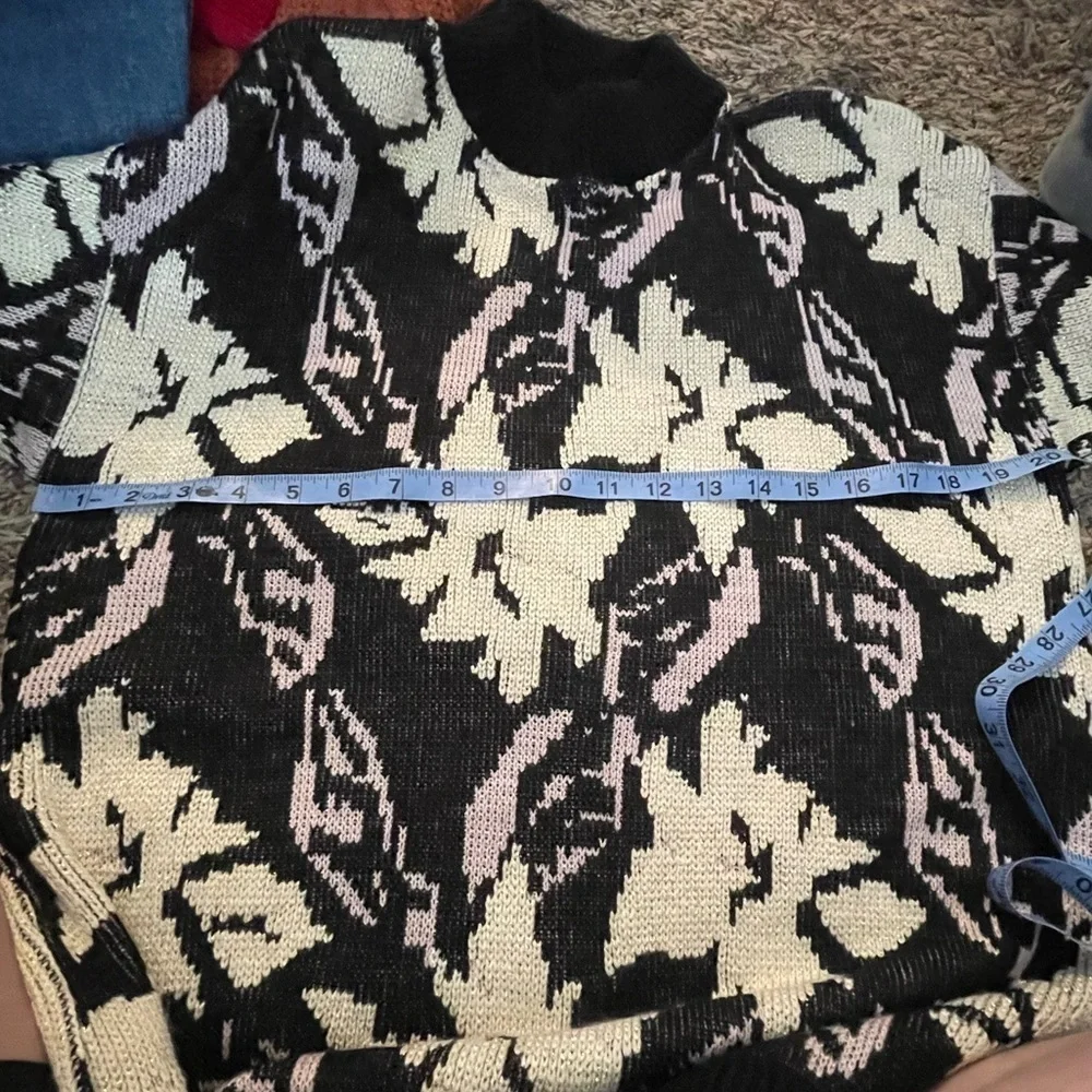 Vintage glamour knit abstract floral black cream lavender sweater